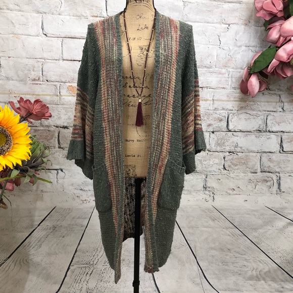 easel Sweaters - Easel Boutique Grey Striped BOHO Long Cardigan